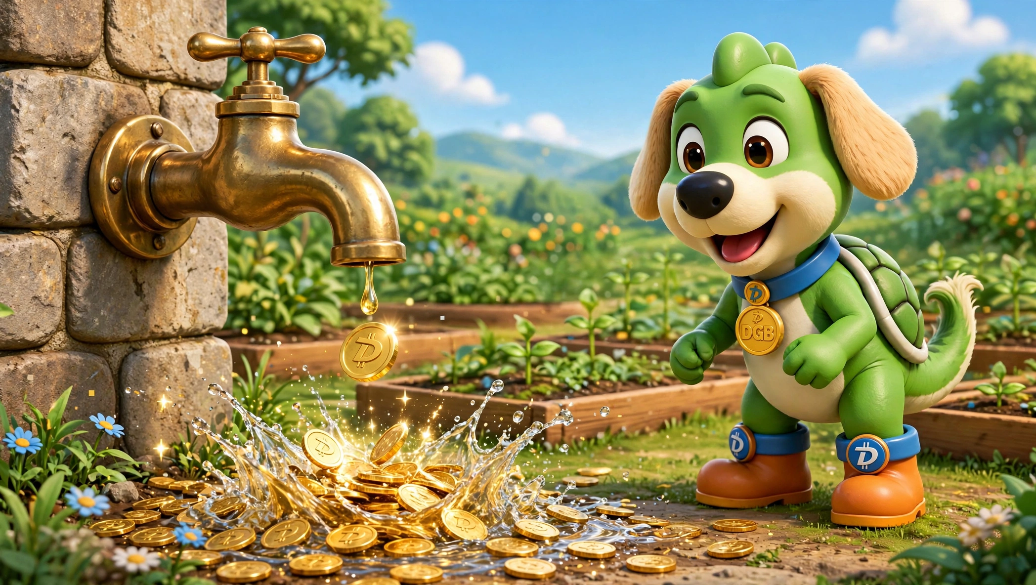 Big Dog at the garden faucet, dripping a gold coin