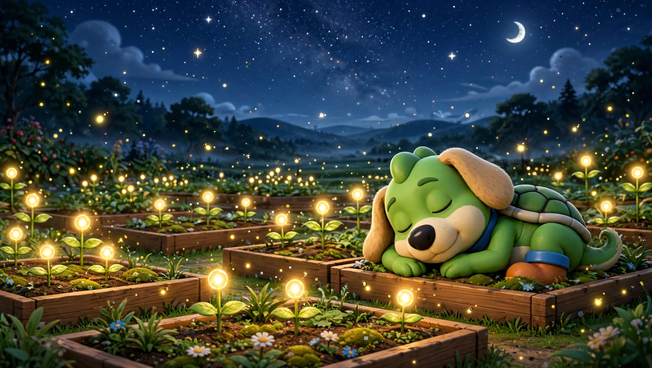 The garden at night — Big Dog asleep in his bed while the coin sprouts glow
